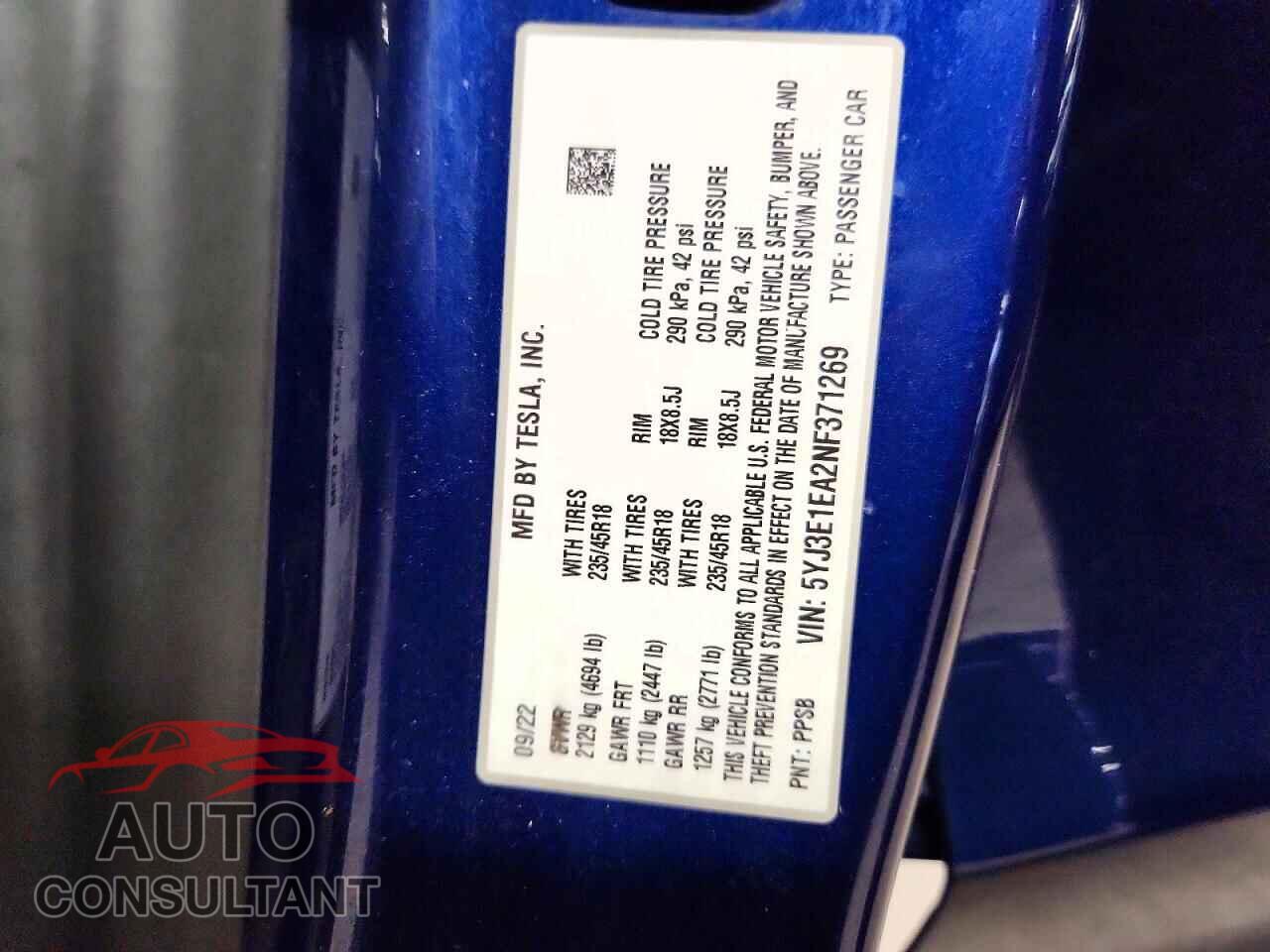 TESLA MODEL 3 2022 - 5YJ3E1EA2NF371269