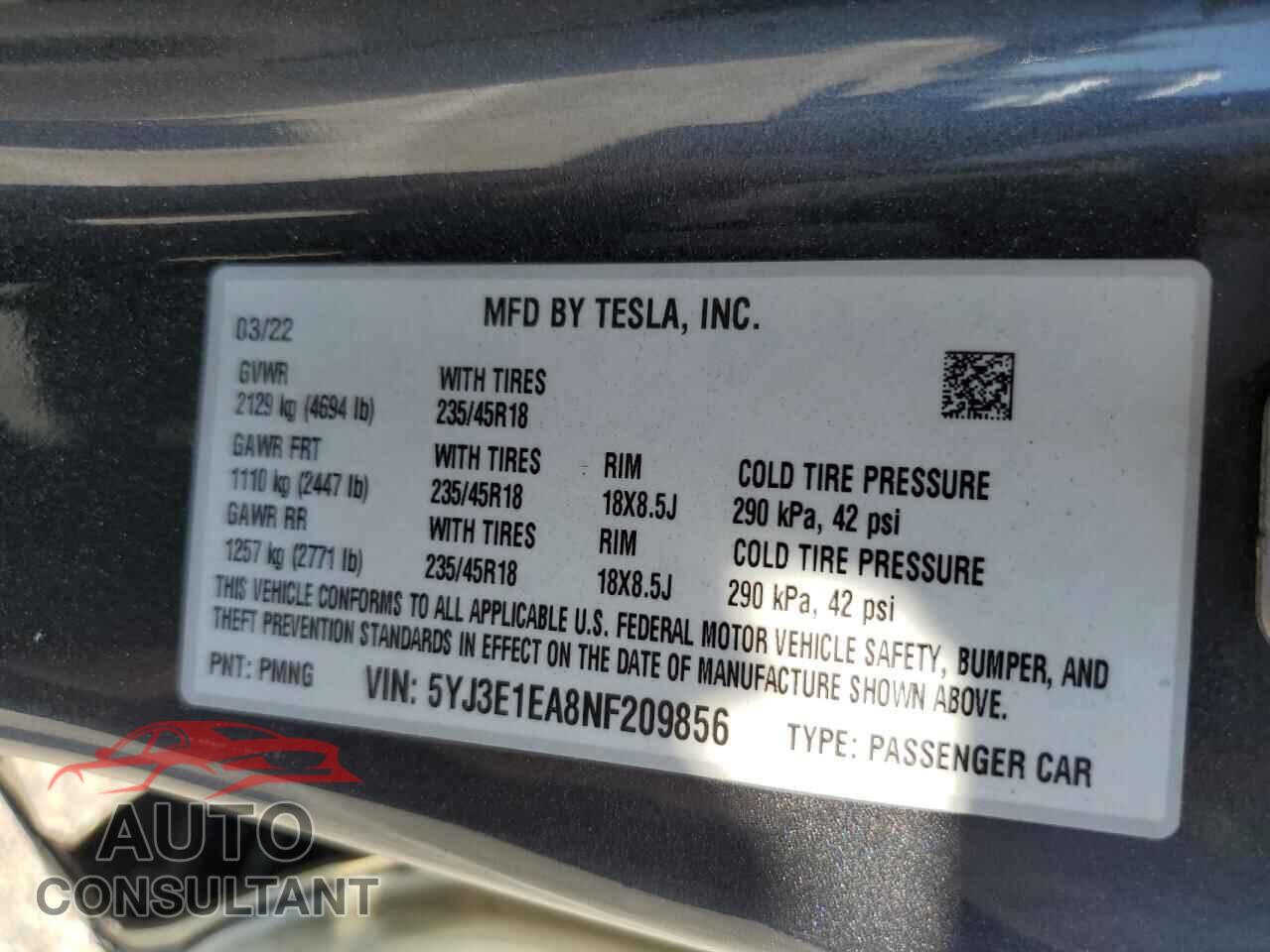 TESLA MODEL 3 2022 - 5YJ3E1EA8NF209856