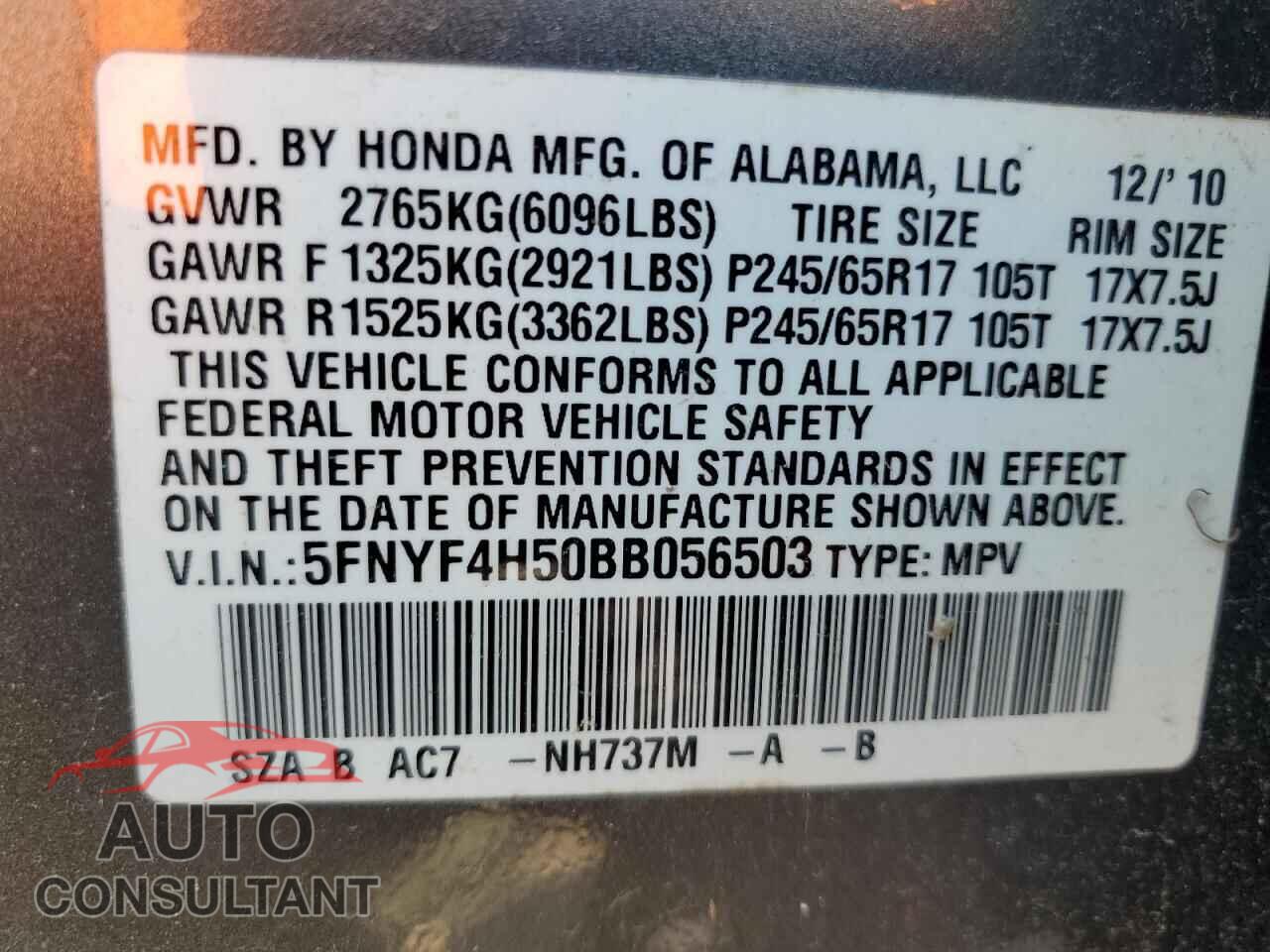 HONDA PILOT 2011 - 5FNYF4H50BB056503