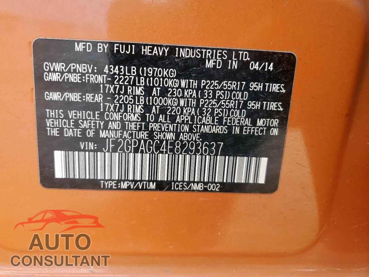 SUBARU XV 2014 - JF2GPAGC4E8293637