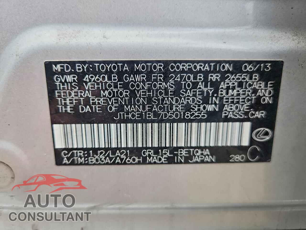 LEXUS GS350 2013 - JTHCE1BL7D5018255