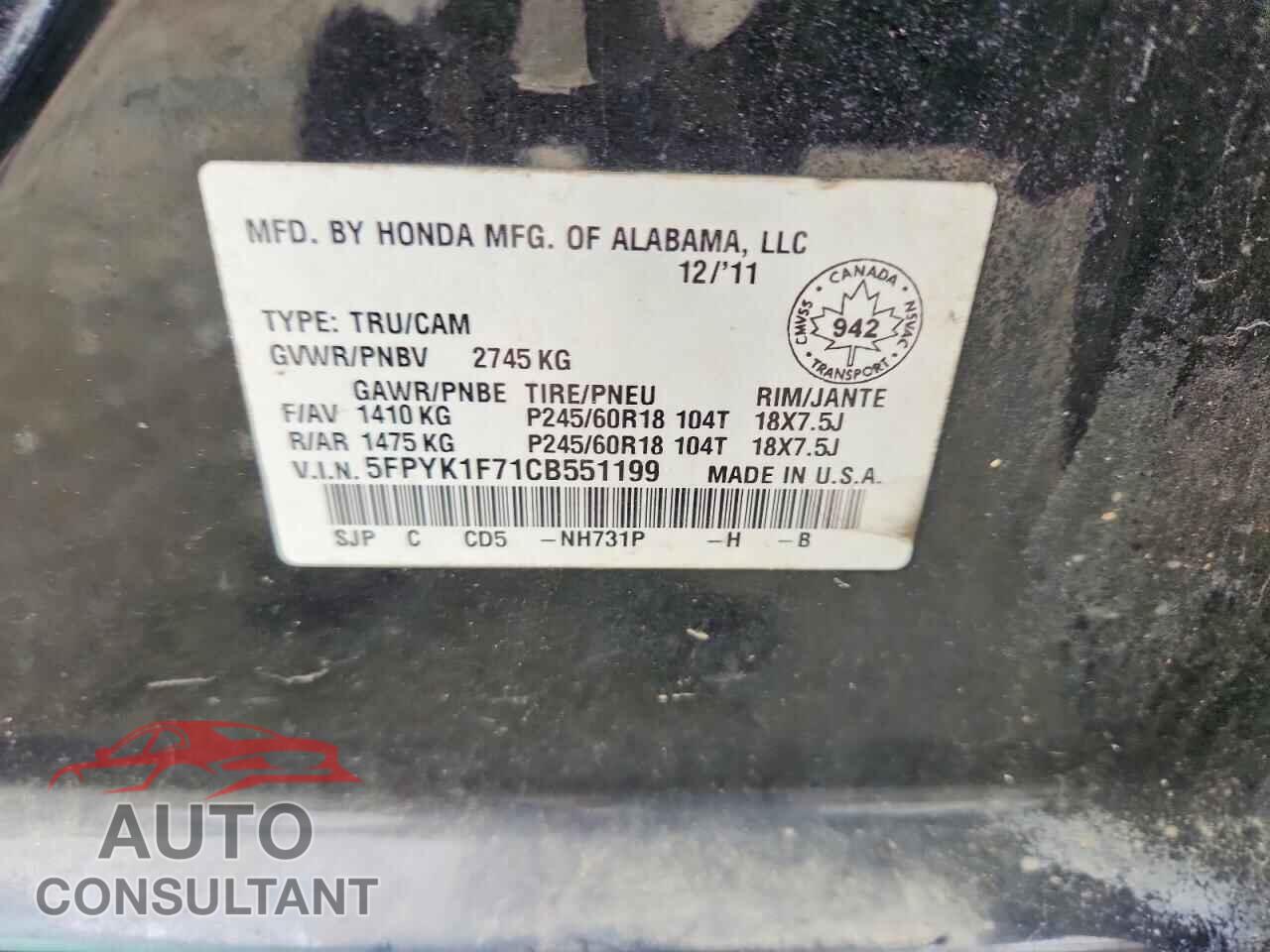 HONDA RIDGELINE 2012 - 5FPYK1F71CB551199