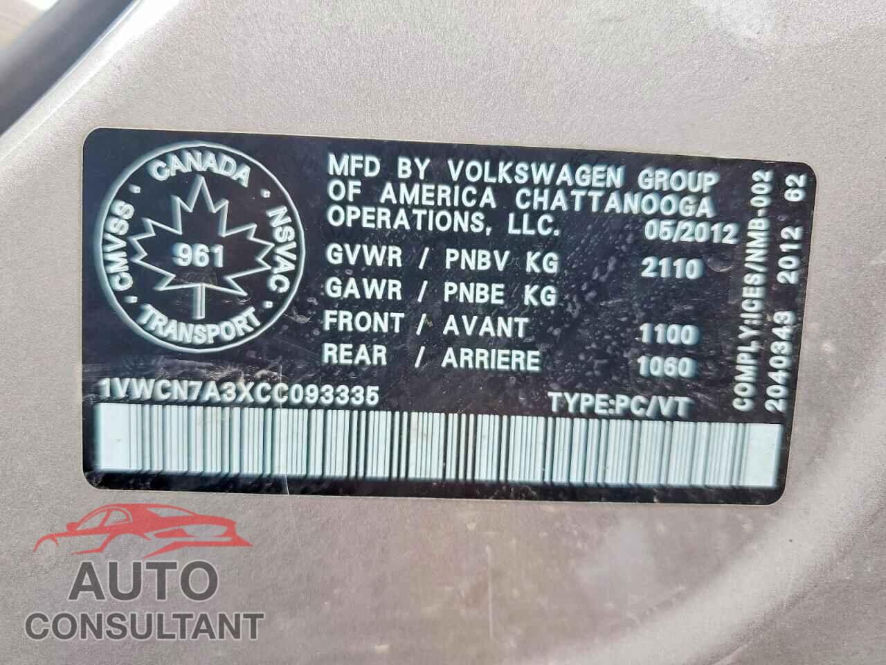 VOLKSWAGEN PASSAT 2012 - 1VWCN7A3XCC093335