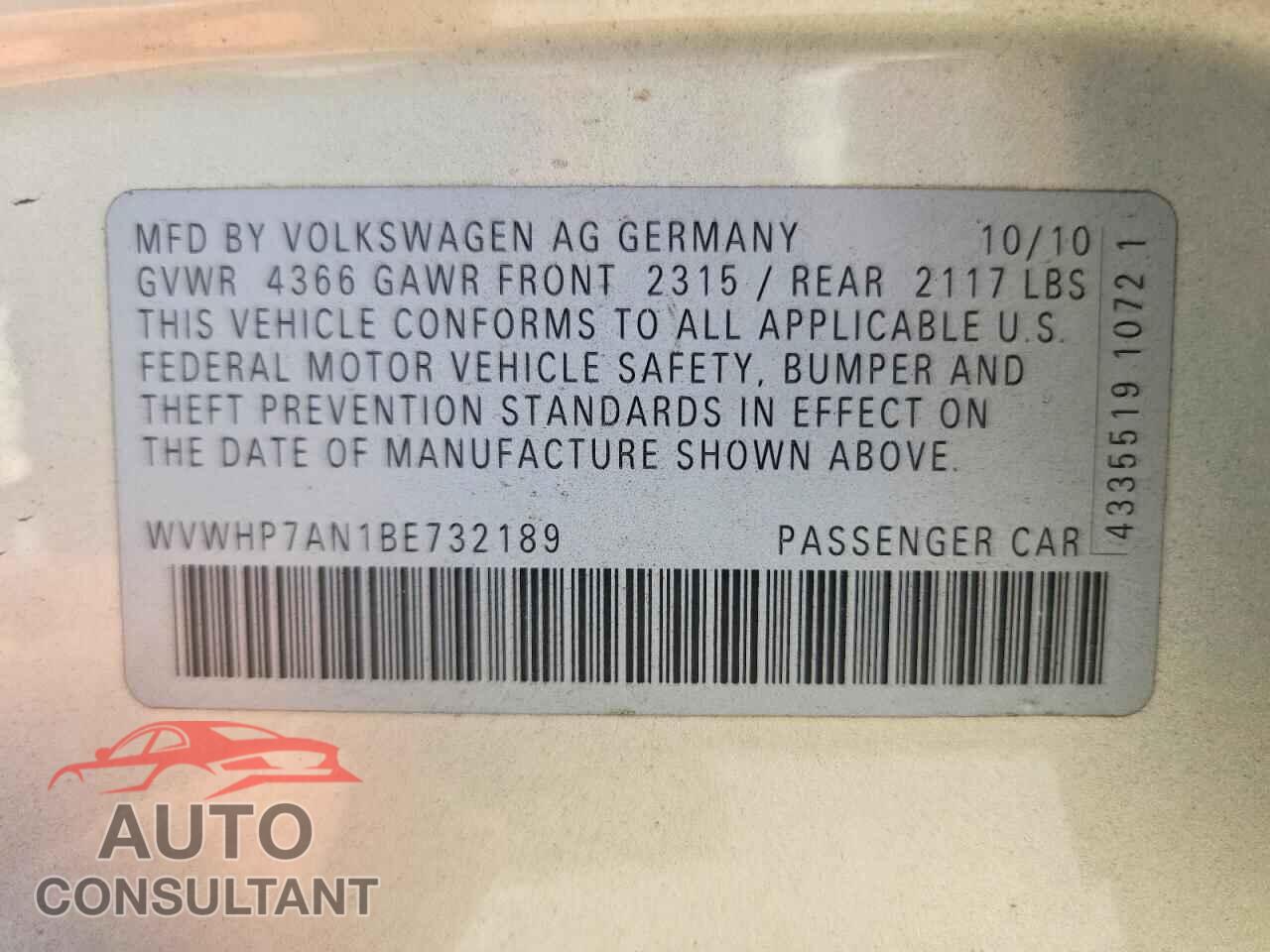 VOLKSWAGEN CC 2011 - WVWHP7AN1BE732189