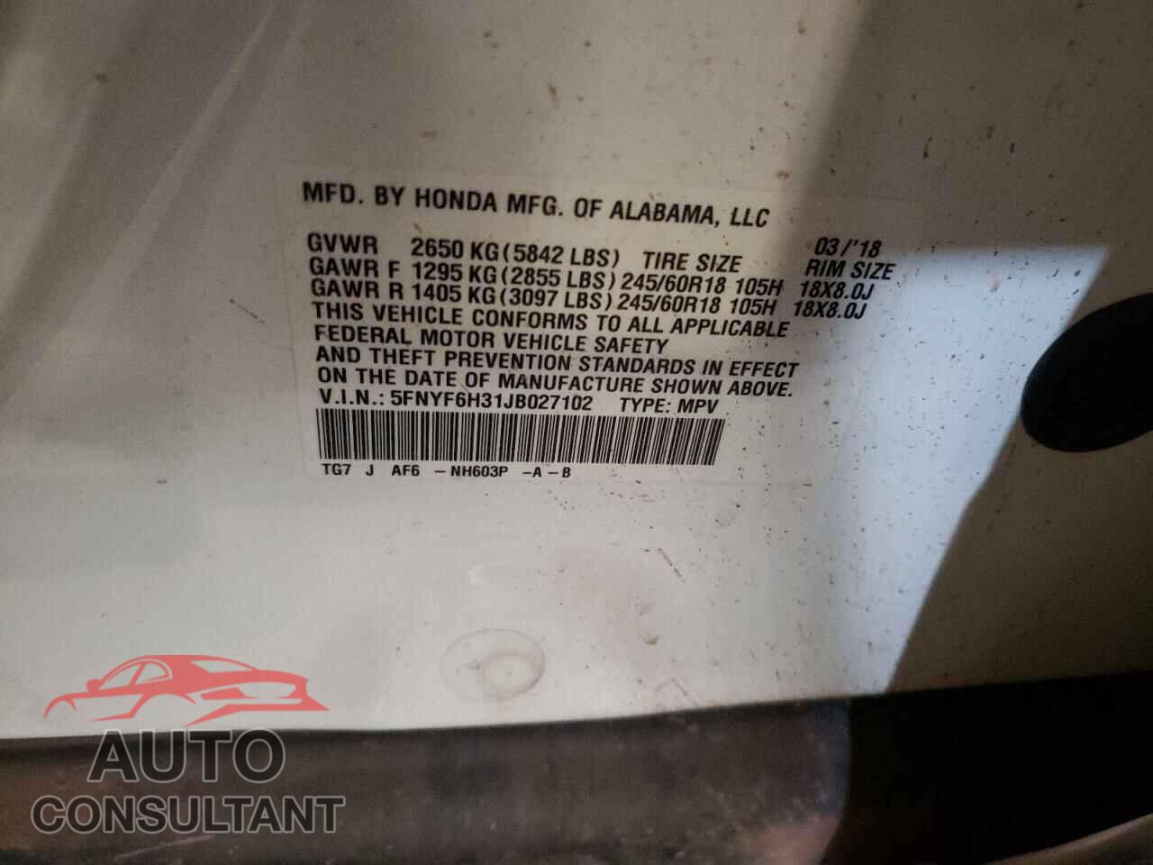HONDA PILOT 2018 - 5FNYF6H31JB027102