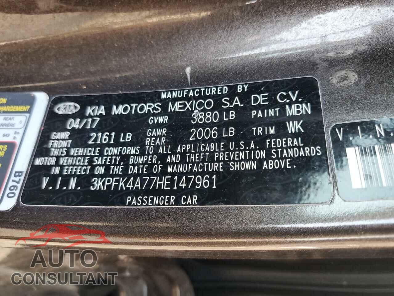 KIA FORTE 2017 - 3KPFK4A77HE147961