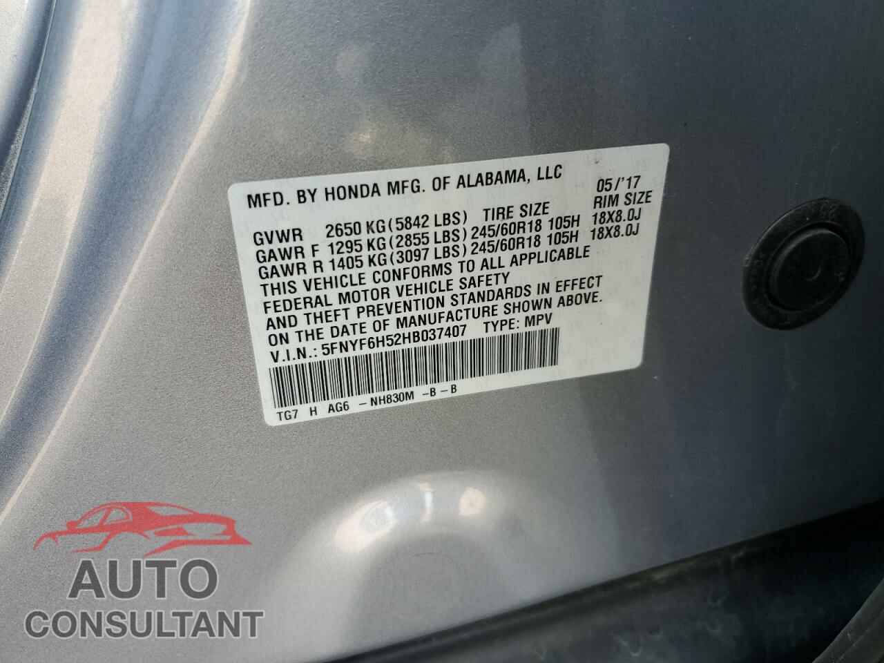 HONDA PILOT 2017 - 5FNYF6H52HB037407