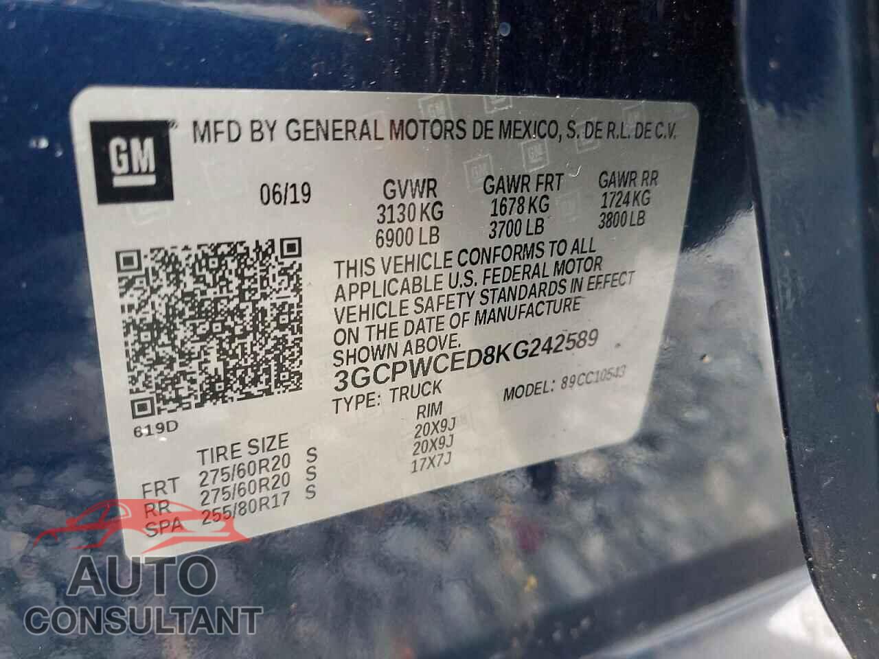 CHEVROLET SILVERADO 2019 - 3GCPWCED8KG242589