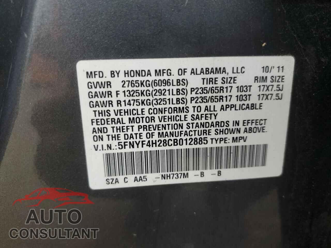 HONDA PILOT 2012 - 5FNYF4H28CB012885