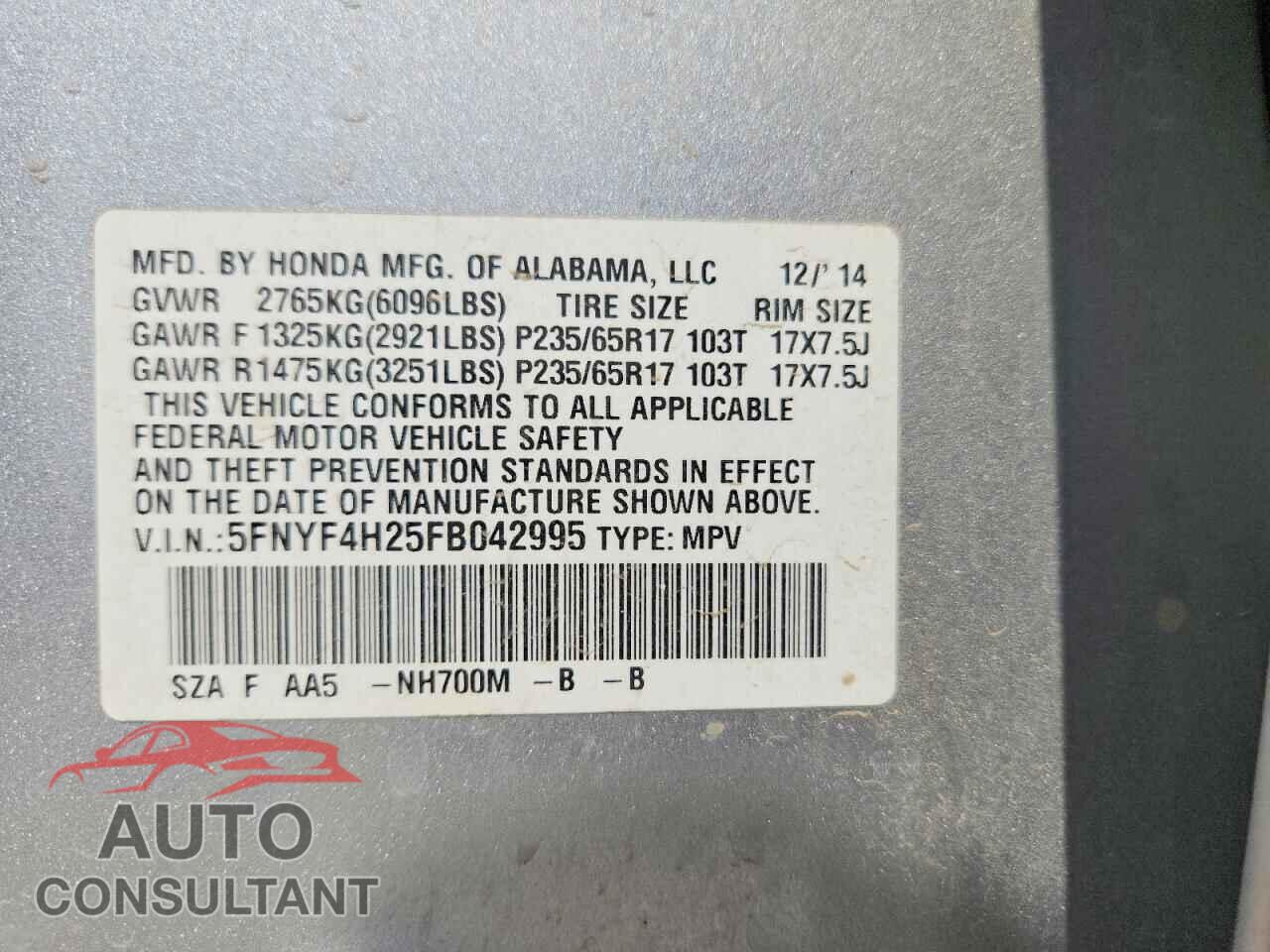 HONDA PILOT 2015 - 5FNYF4H25FB042995