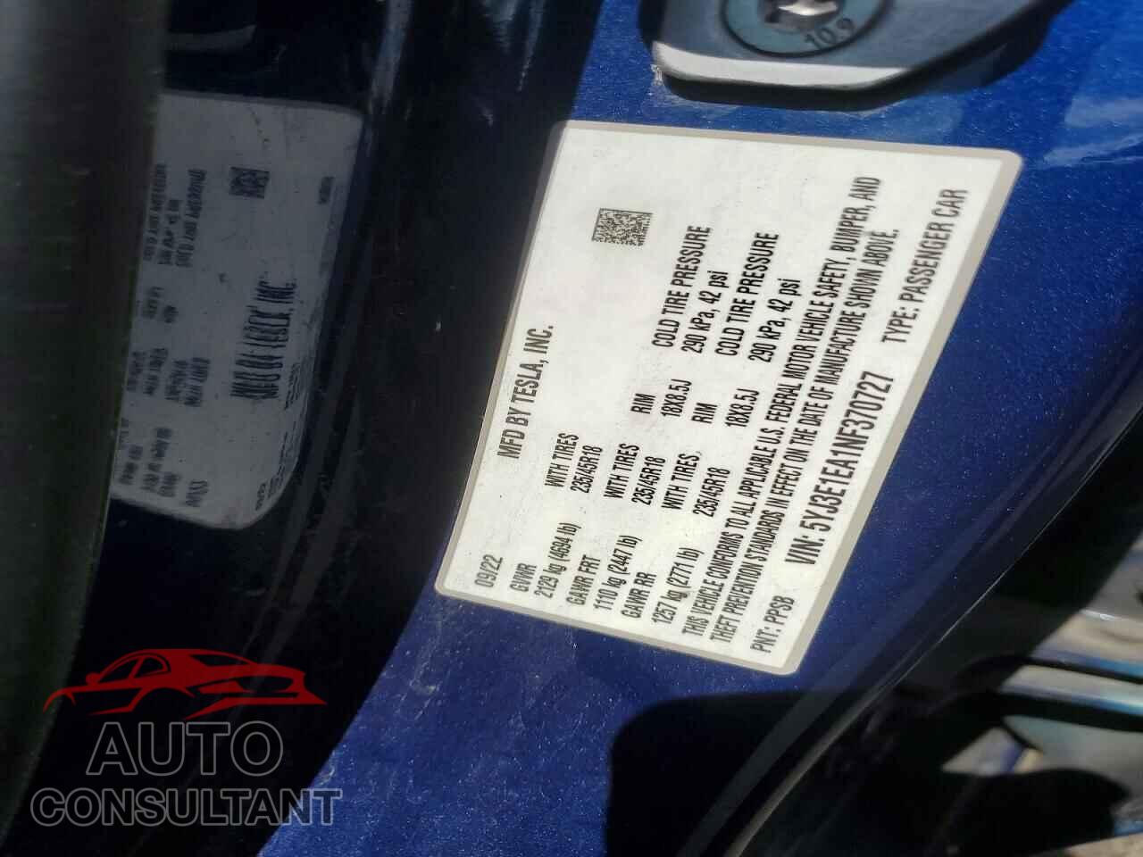 TESLA MODEL 3 2022 - 5YJ3E1EA1NF370727