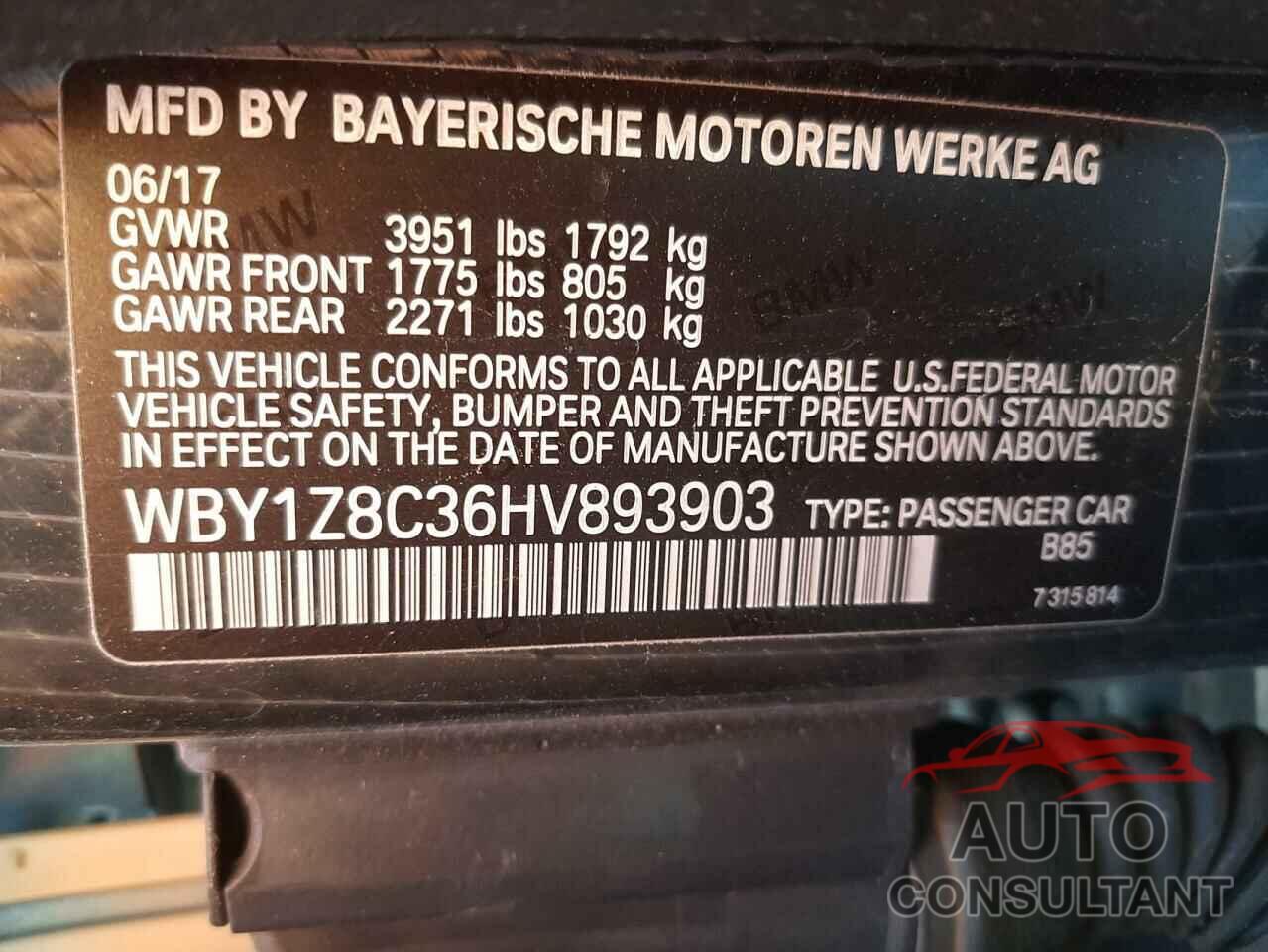 BMW I SERIES 2017 - WBY1Z8C36HV893903