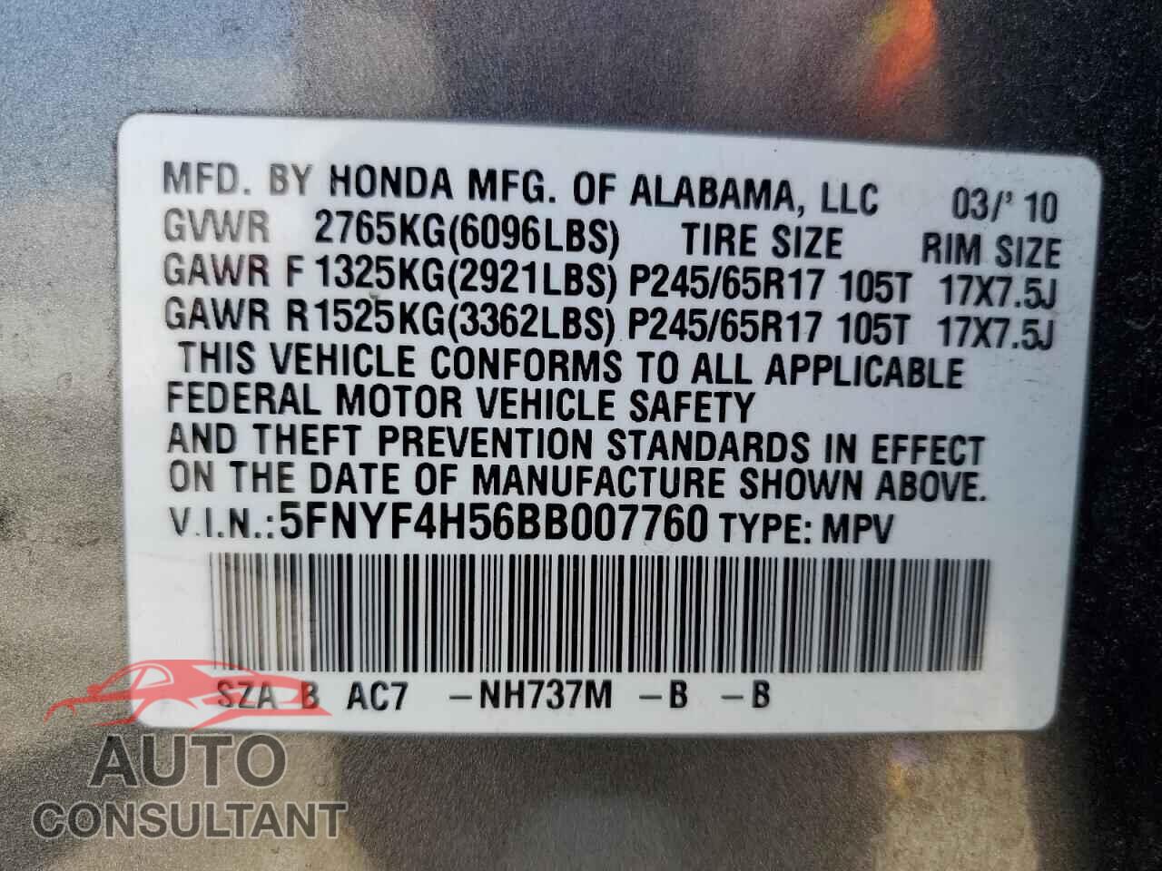 HONDA PILOT 2011 - 5FNYF4H56BB007760