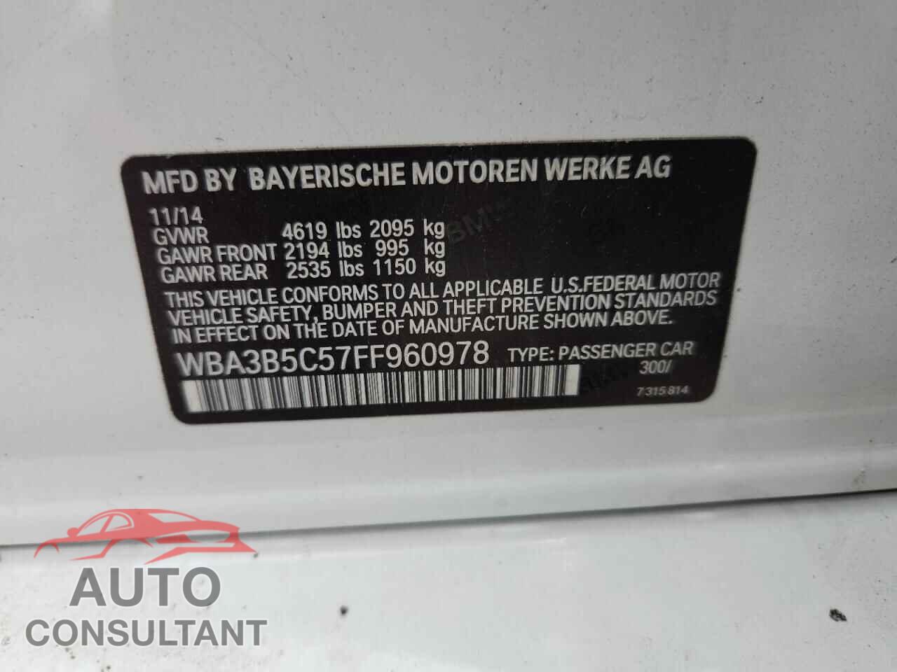 BMW 3 SERIES 2015 - WBA3B5C57FF960978