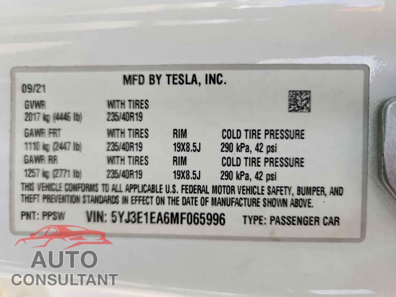 TESLA MODEL 3 2021 - 5YJ3E1EA6MF065996