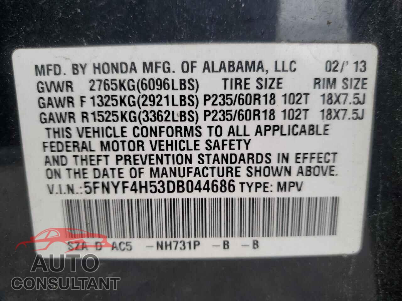 HONDA PILOT 2013 - 5FNYF4H53DB044686