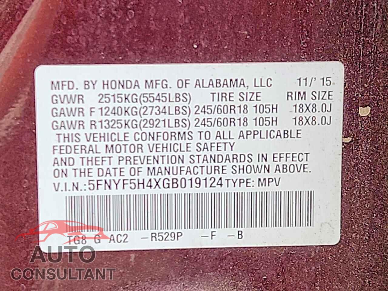 HONDA PILOT 2016 - 5FNYF5H4XGB019124