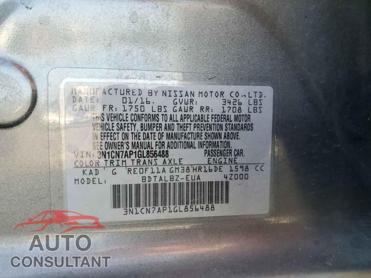 NISSAN VERSA 2016 - 3N1CN7AP1GL856488