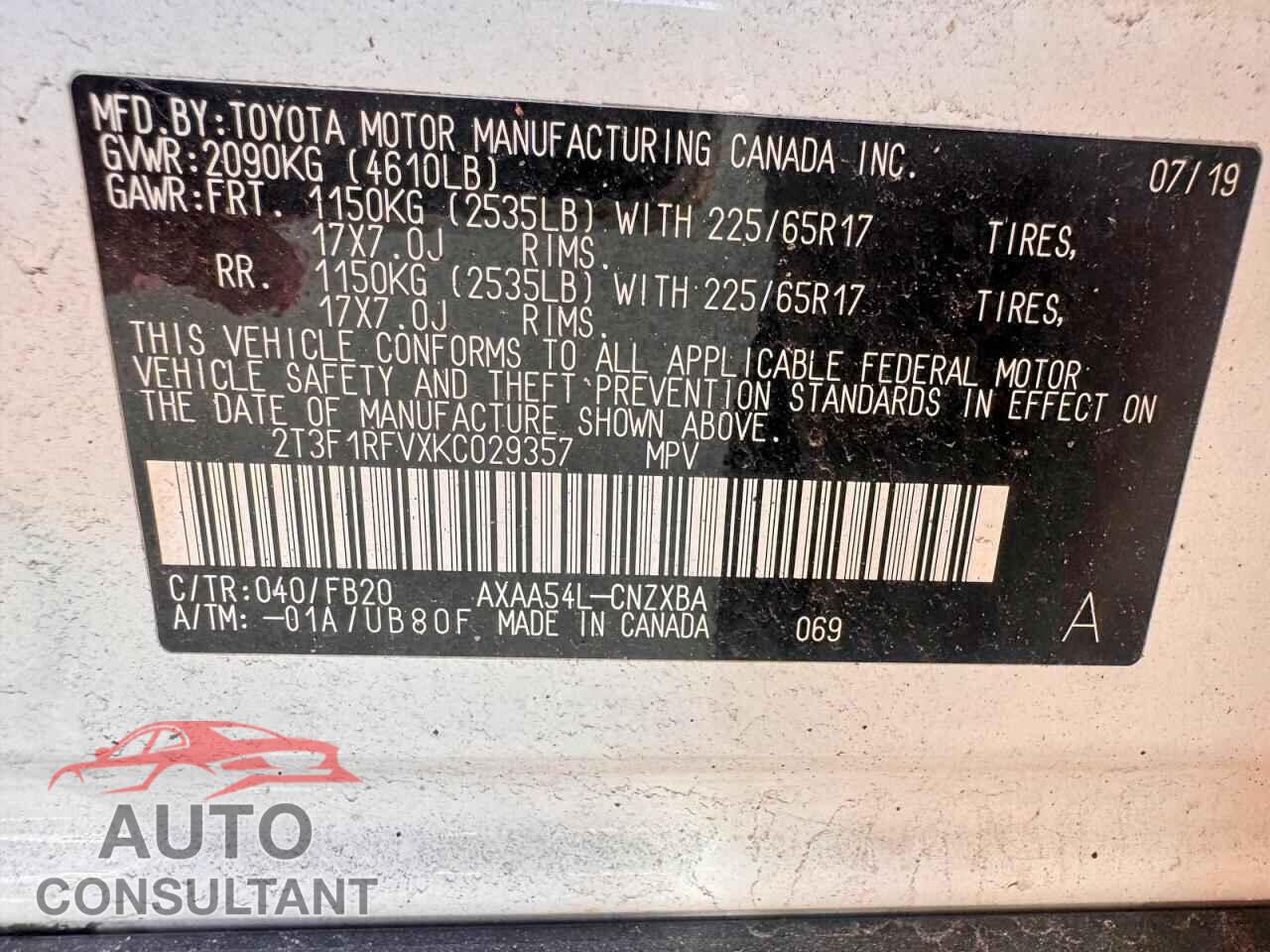 TOYOTA RAV4 2019 - 2T3F1RFVXKC029357