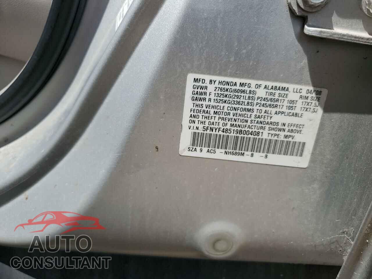 HONDA PILOT 2009 - 5FNYF48519B004081