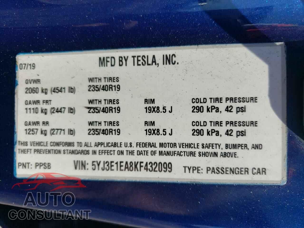 TESLA MODEL 3 2019 - 5YJ3E1EA8KF432099
