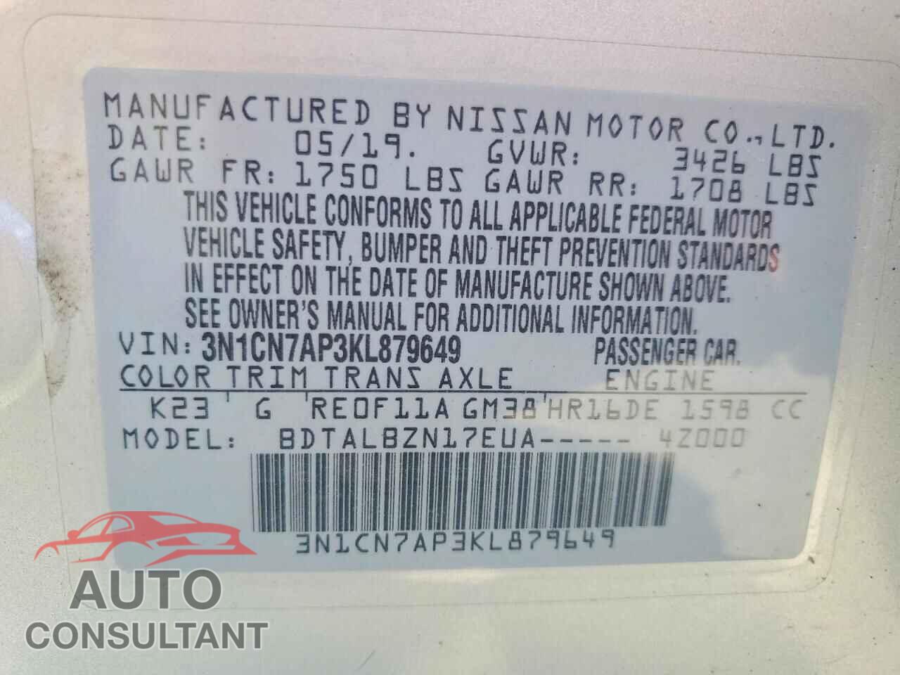 NISSAN VERSA 2019 - 3N1CN7AP3KL879649