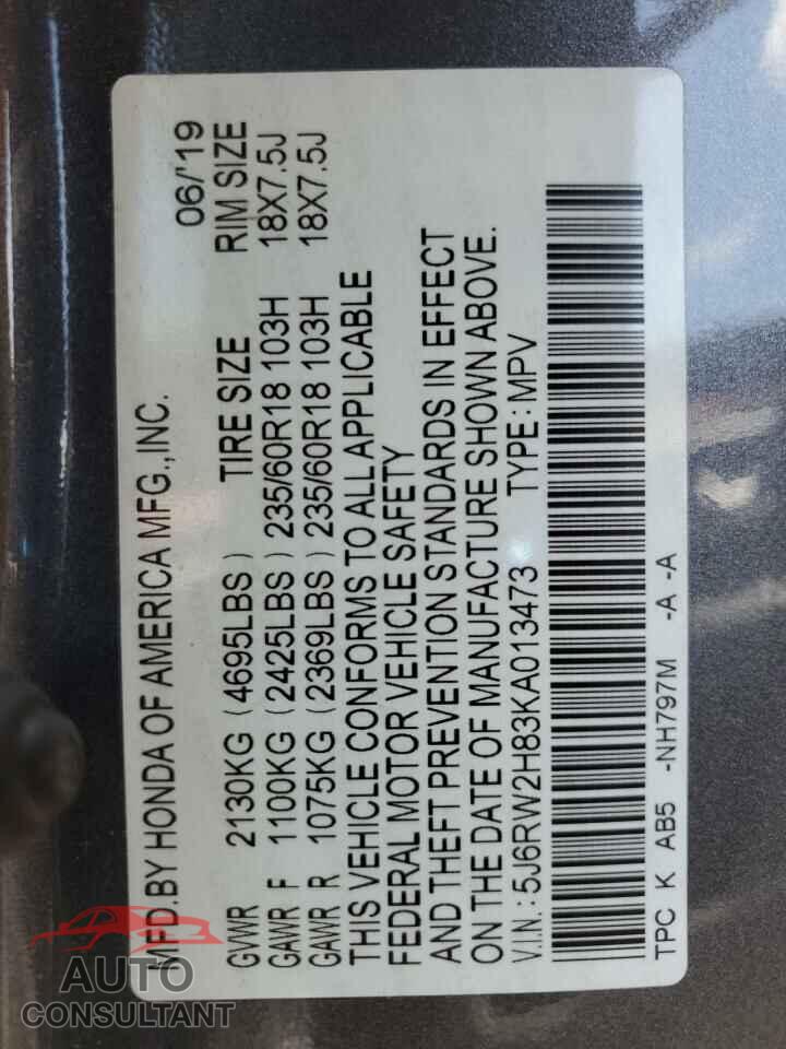 HONDA CRV 2019 - 5J6RW2H83KA013473