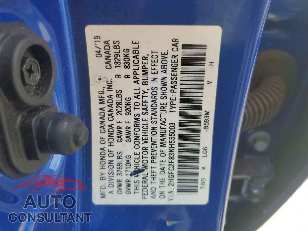 HONDA CIVIC 2019 - 2HGFC2F83KH555003