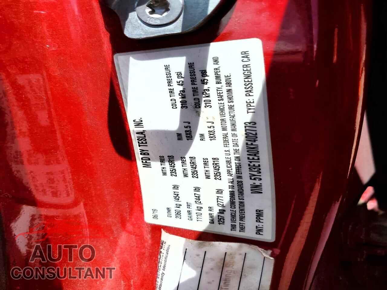 TESLA MODEL 3 2019 - 5YJ3E1EA0KF402773