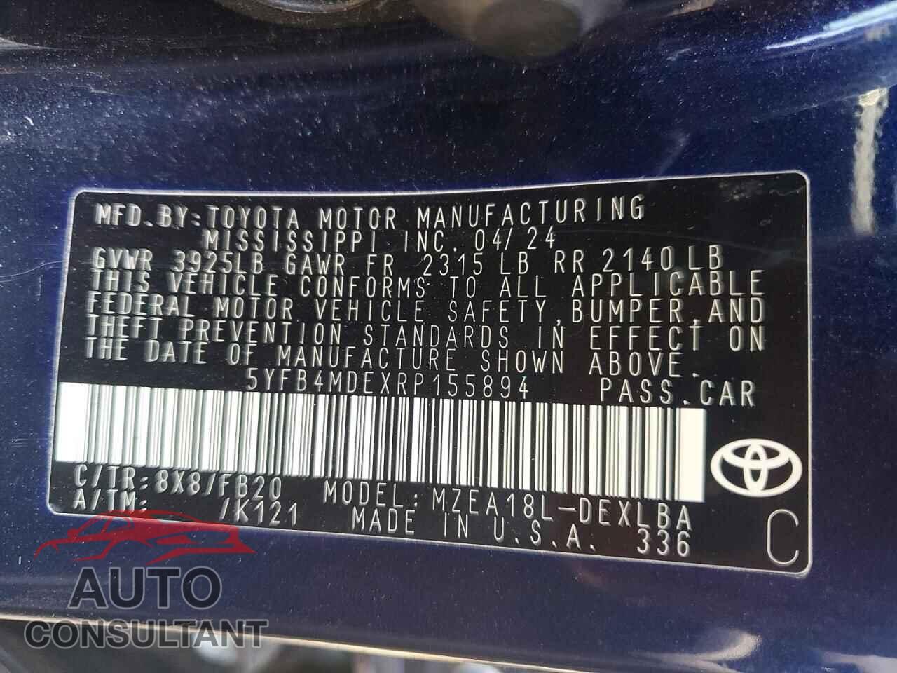 TOYOTA COROLLA 2024 - 5YFB4MDEXRP155894