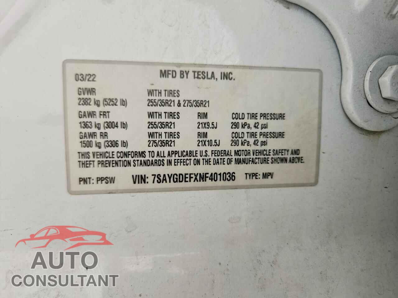 TESLA MODEL Y 2022 - 7SAYGDEFXNF401036