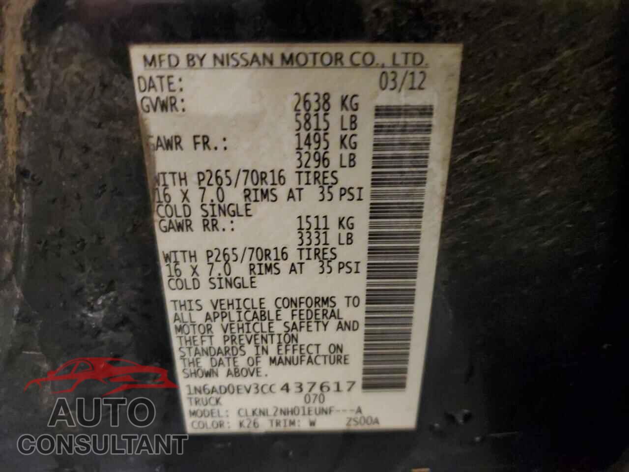 NISSAN FRONTIER 2012 - 1N6AD0EV3CC437617