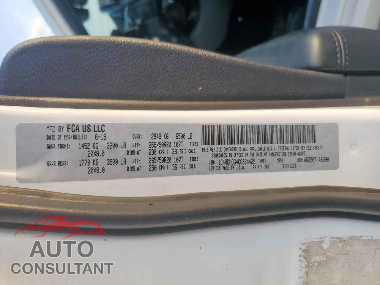 DODGE DURANGO 2019 - 1C4RDHDG4KC824425