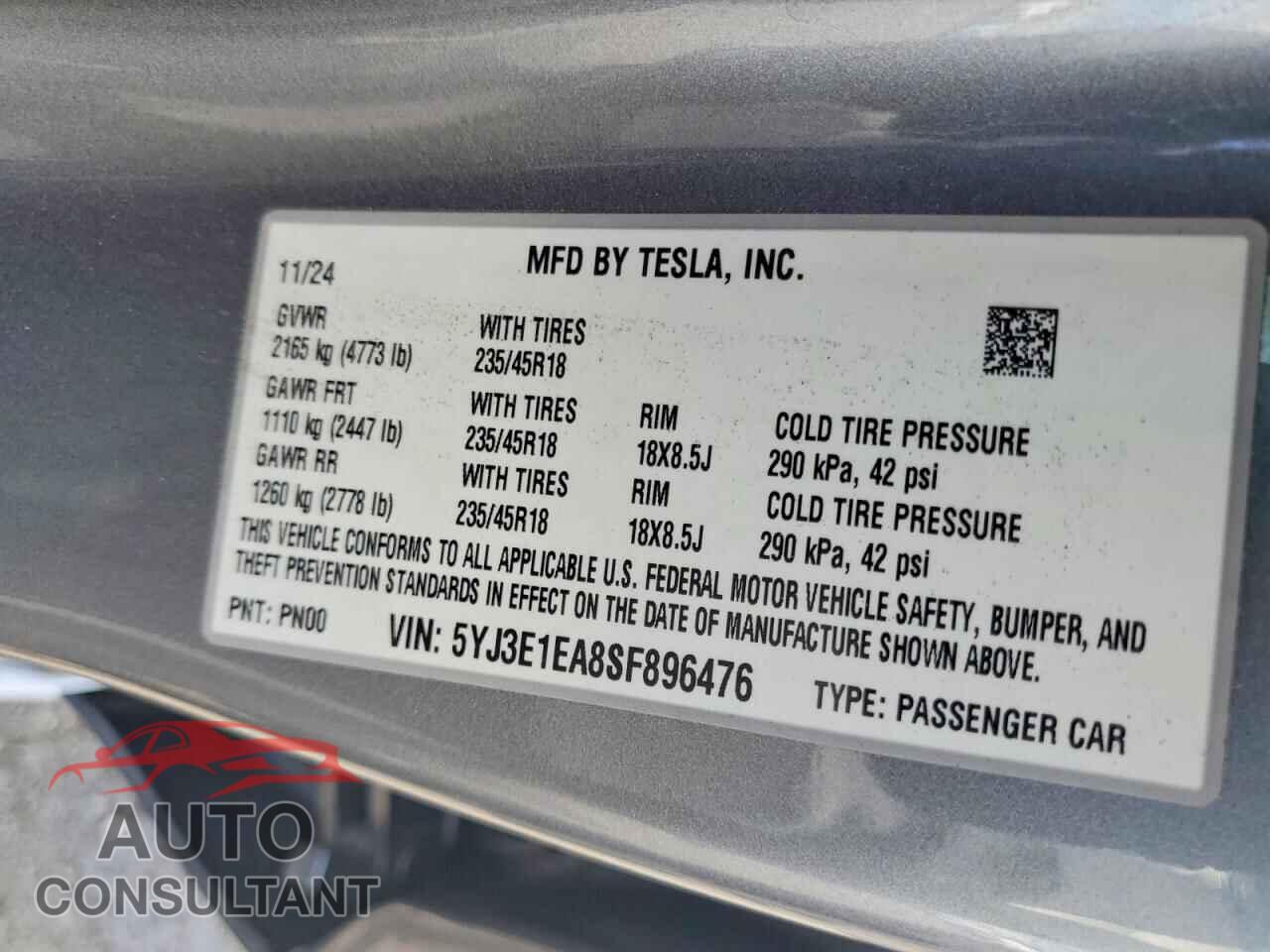TESLA MODEL 3 2025 - 5YJ3E1EA8SF896476