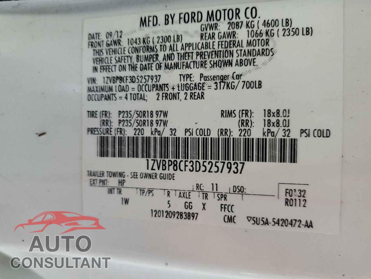 FORD MUSTANG 2013 - 1ZVBP8CF3D5257937