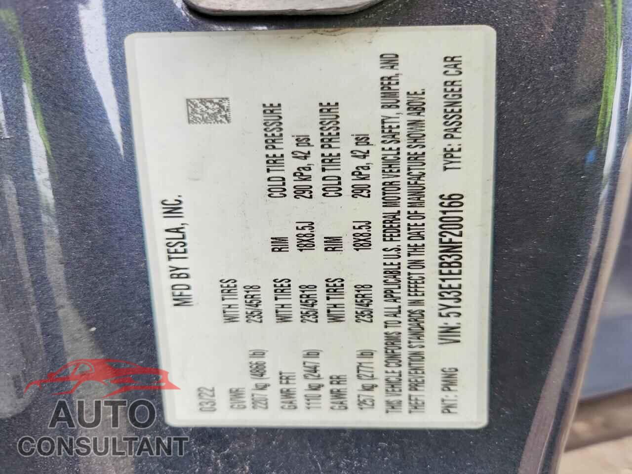 TESLA MODEL 3 2022 - 5YJ3E1EB3NF200166