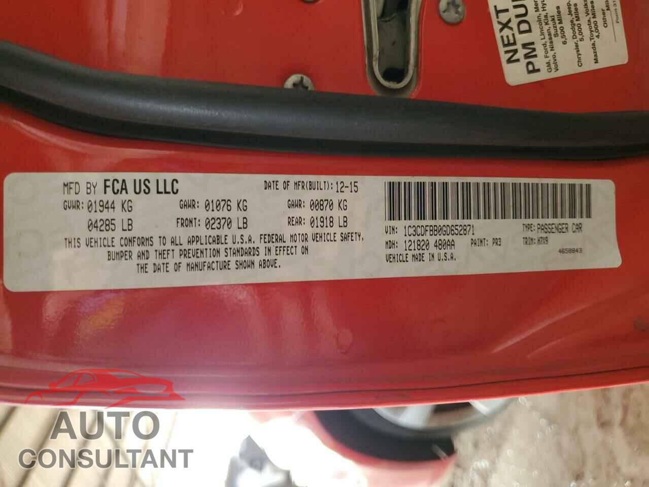 DODGE DART 2016 - 1C3CDFBB0GD652871