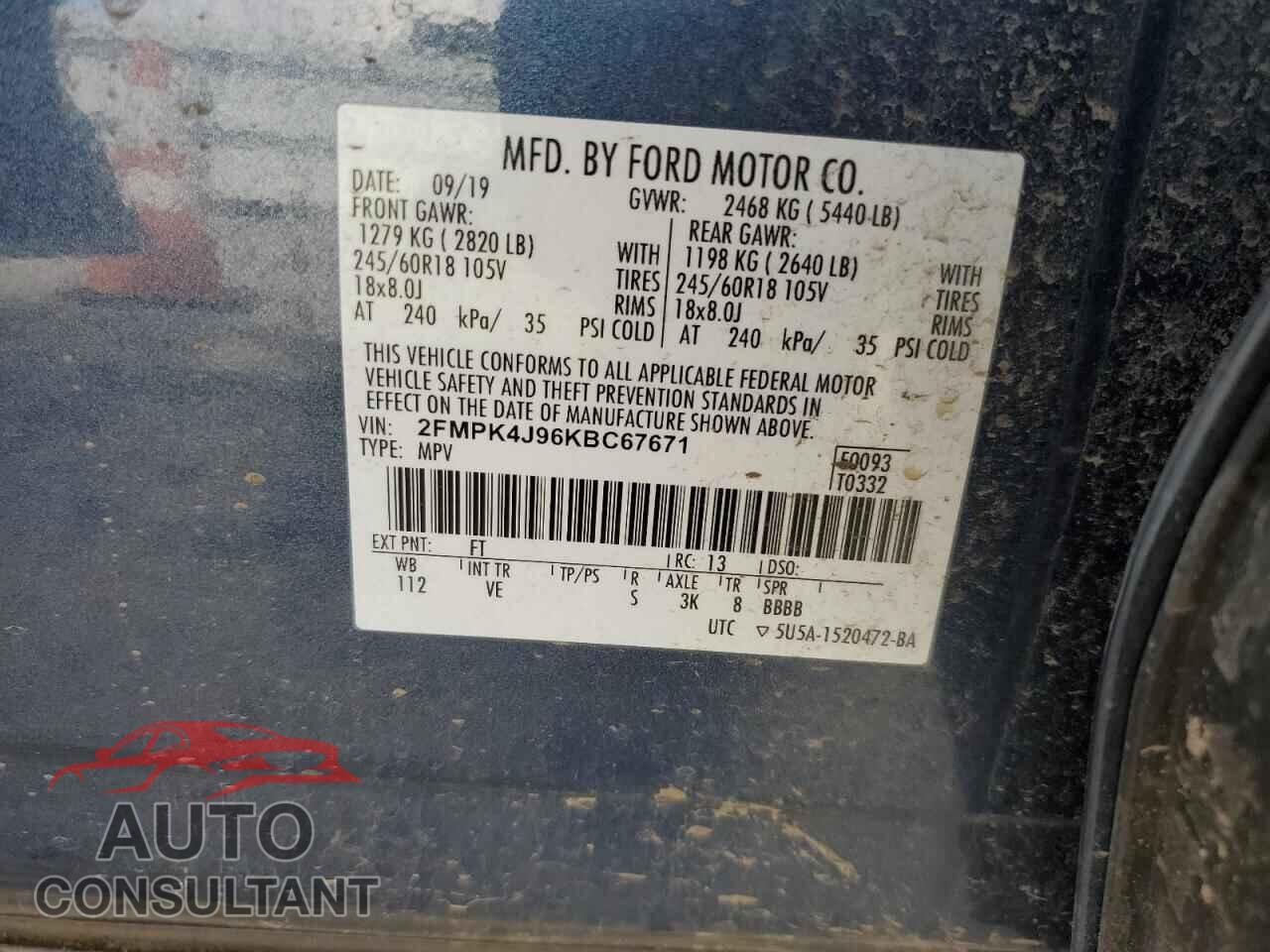 FORD EDGE 2019 - 2FMPK4J96KBC67671