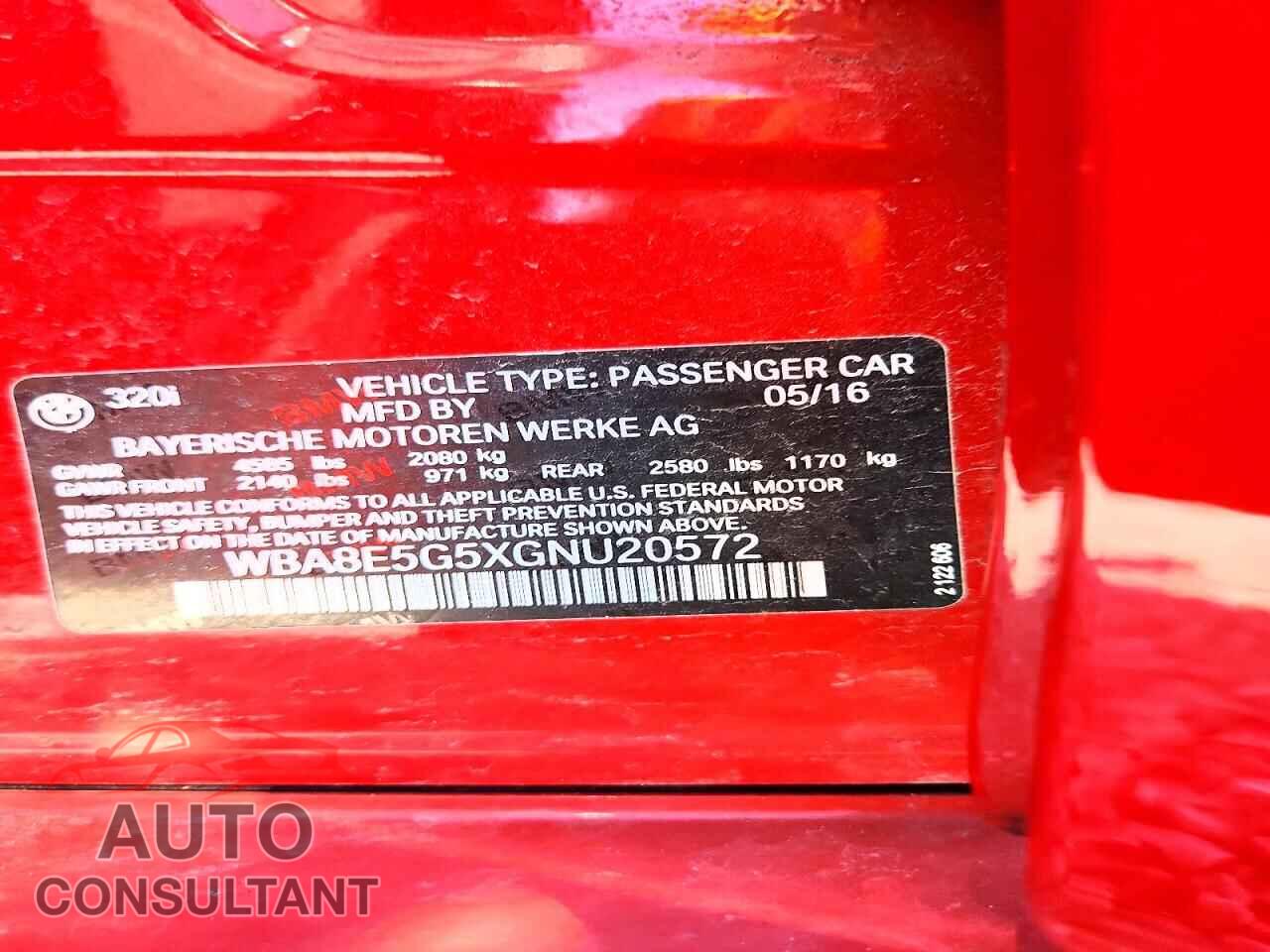 BMW 3 SERIES 2016 - WBA8E5G5XGNU20572