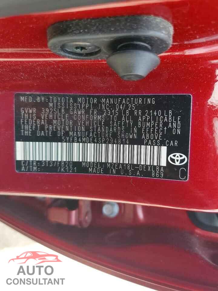 TOYOTA COROLLA 2025 - 5YFB4MDE4SP294814