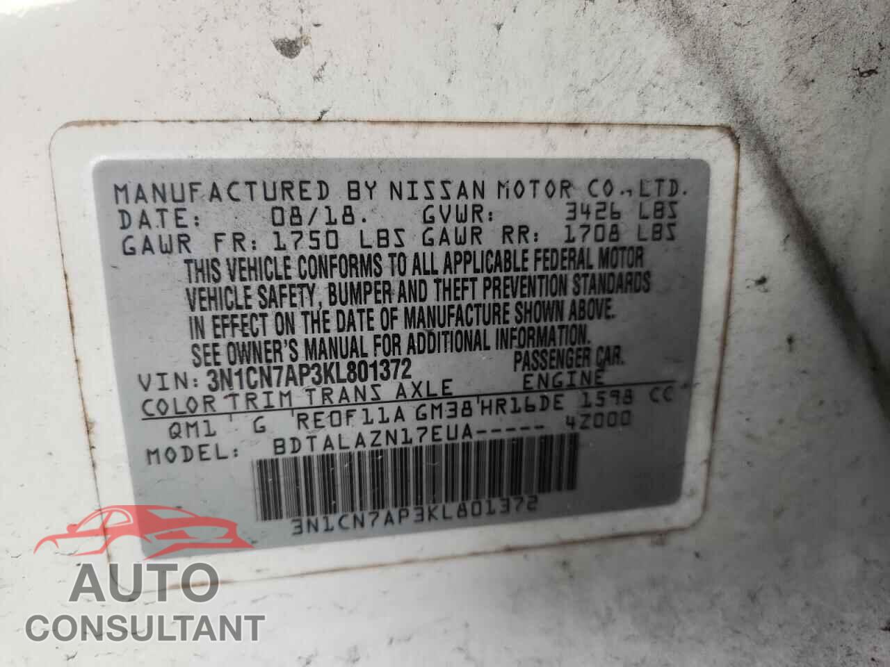 NISSAN VERSA 2019 - 3N1CN7AP3KL801372
