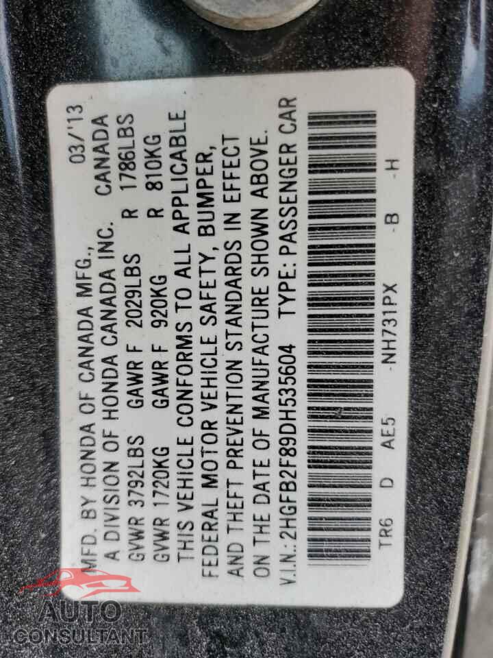 HONDA CIVIC 2013 - 2HGFB2F89DH535604