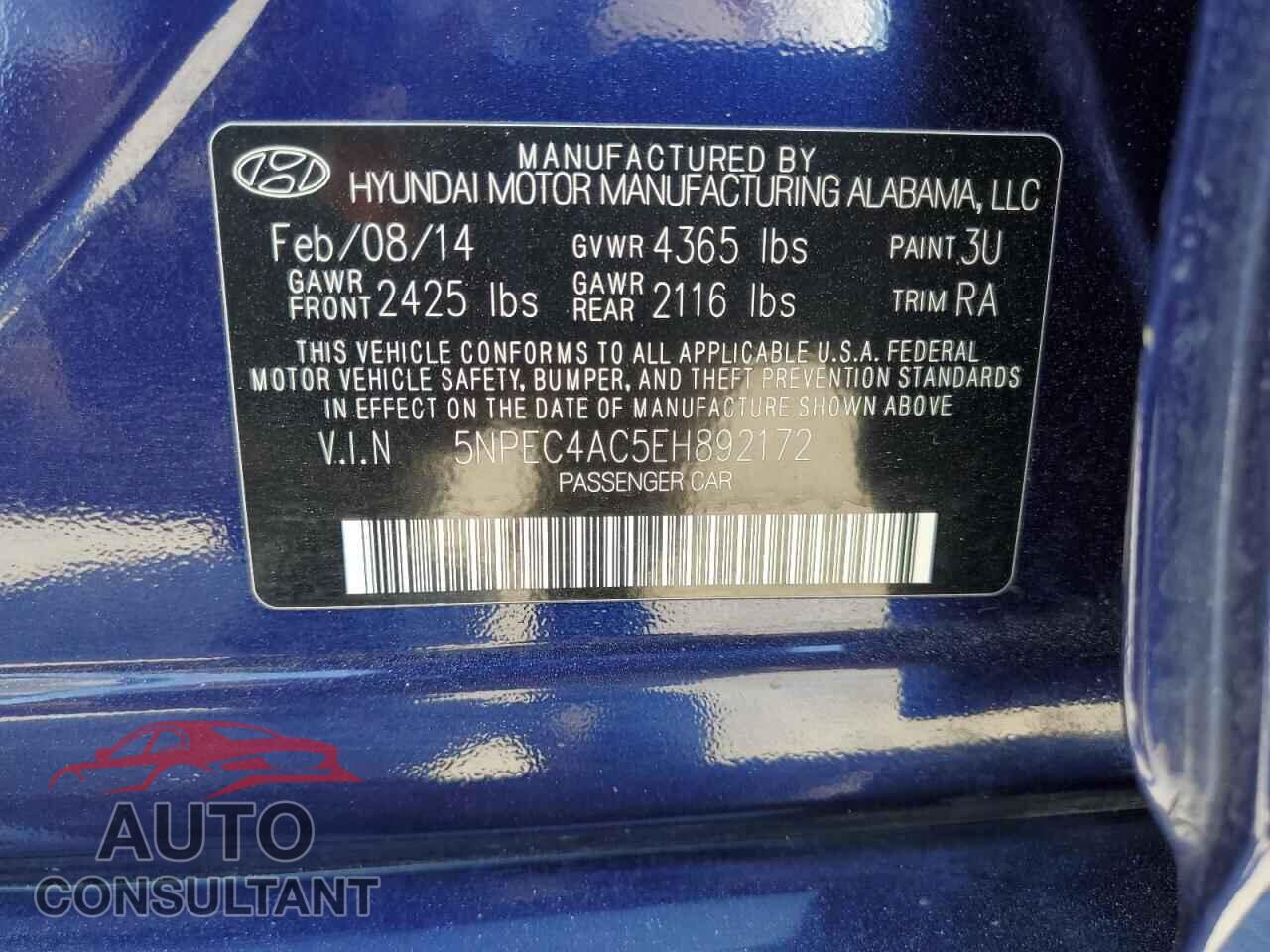 HYUNDAI SONATA 2014 - 5NPEC4AC5EH892172