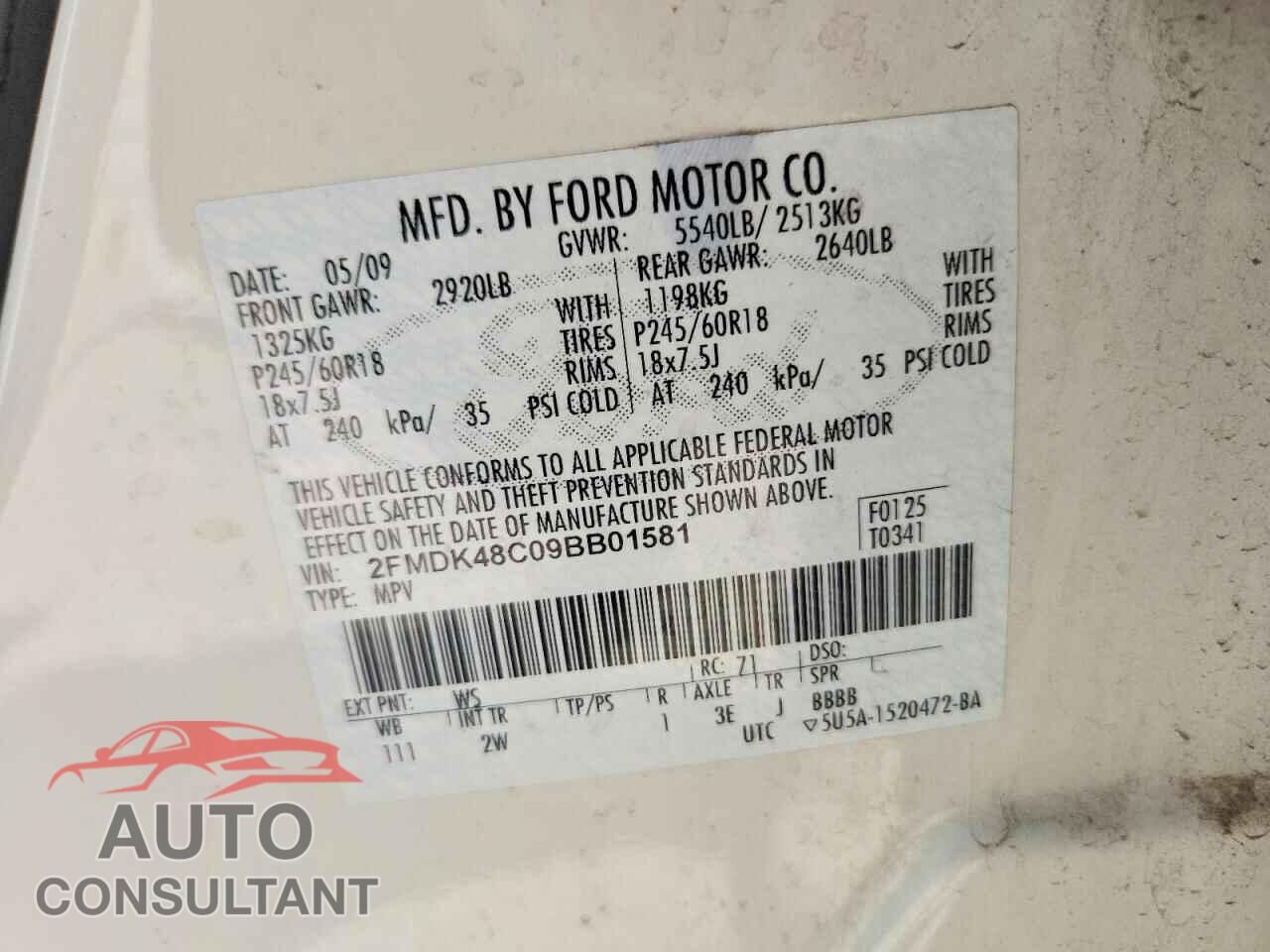 FORD EDGE 2009 - 2FMDK48C09BB01581