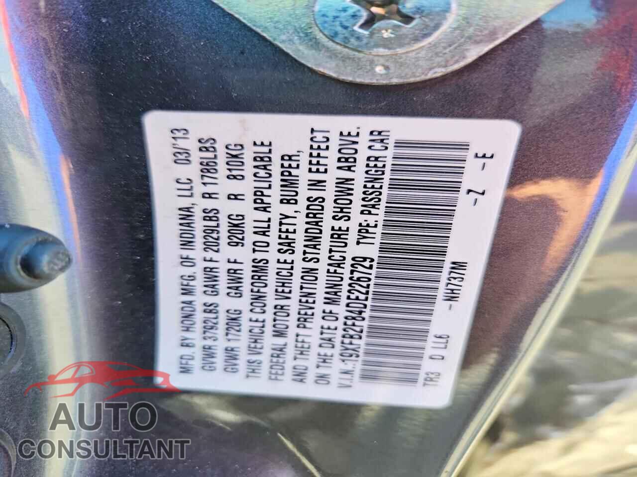 HONDA CIVIC 2013 - 19XFB2F84DE226729