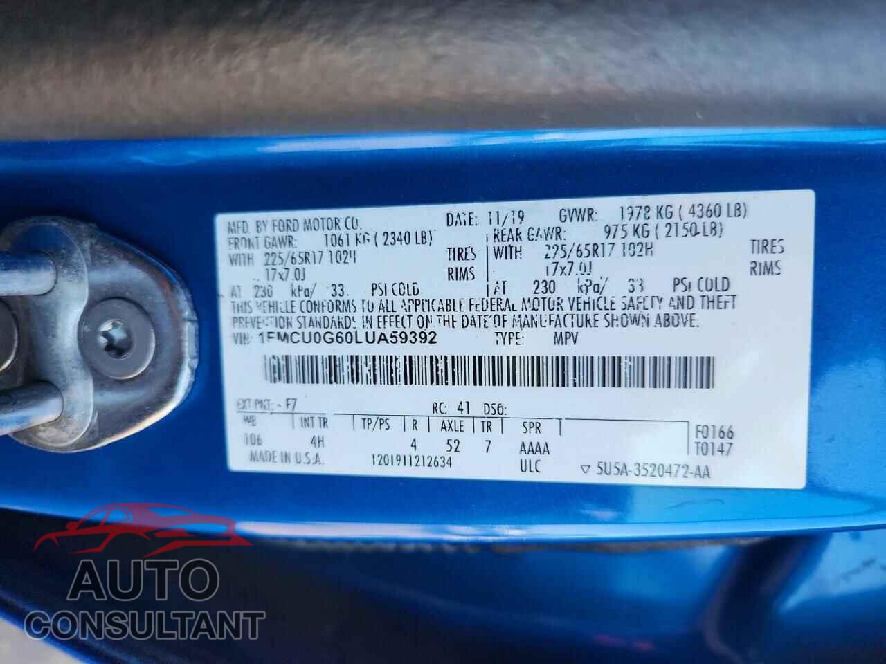 FORD ESCAPE 2020 - 1FMCU0G60LUA59392