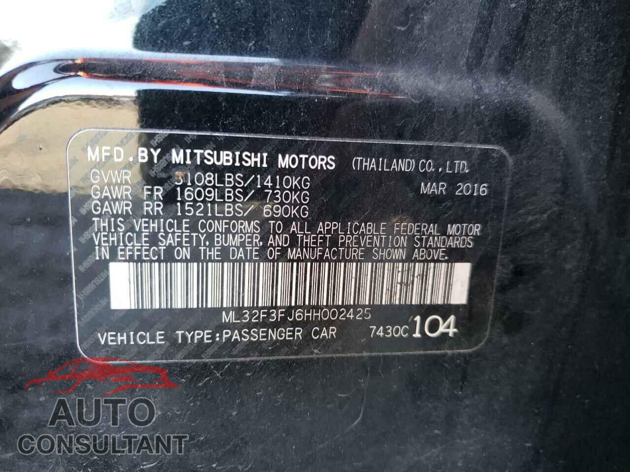 MITSUBISHI MIRAGE 2017 - ML32F3FJ6HH002425