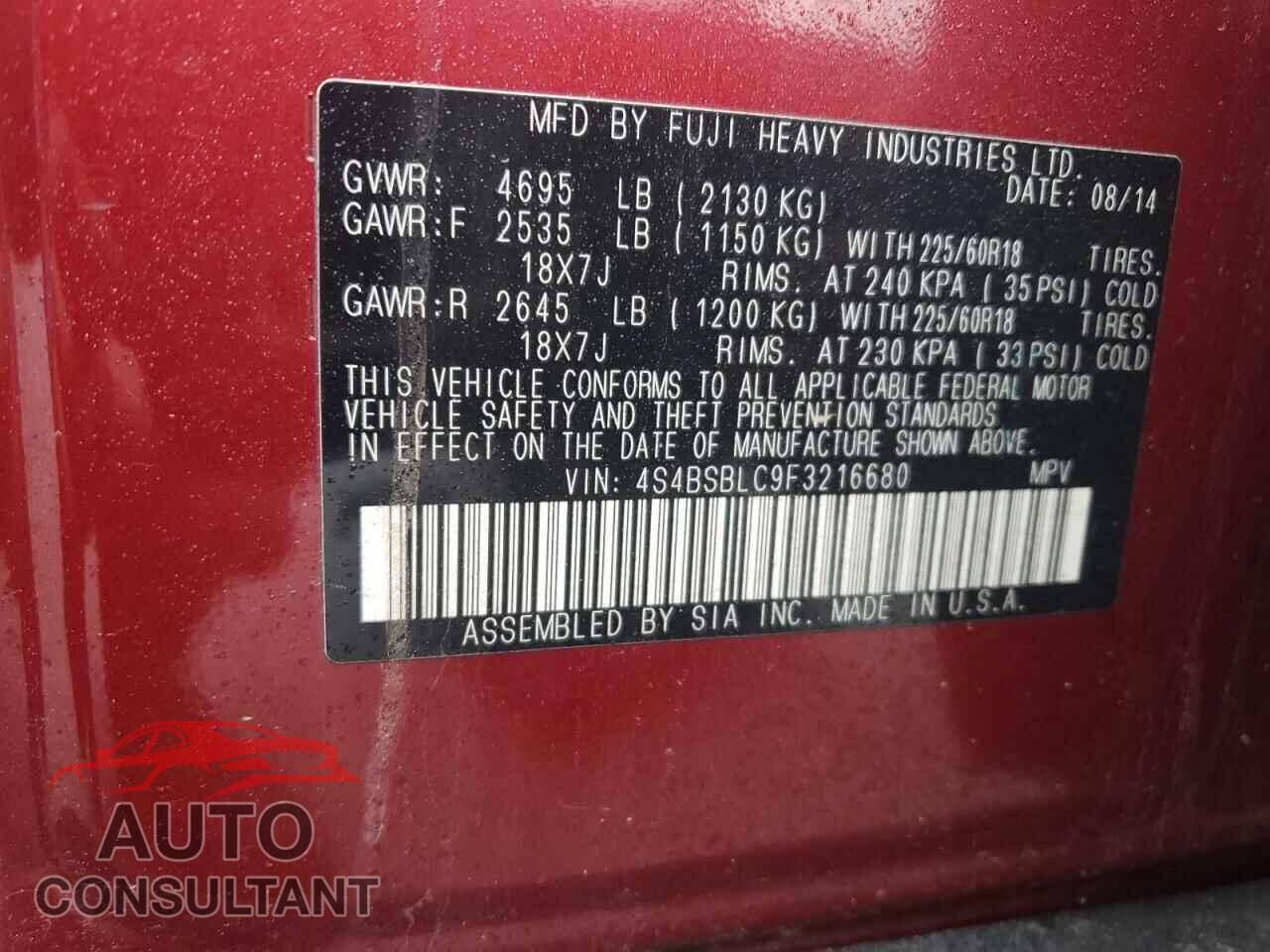 SUBARU OUTBACK 2015 - 4S4BSBLC9F3216680