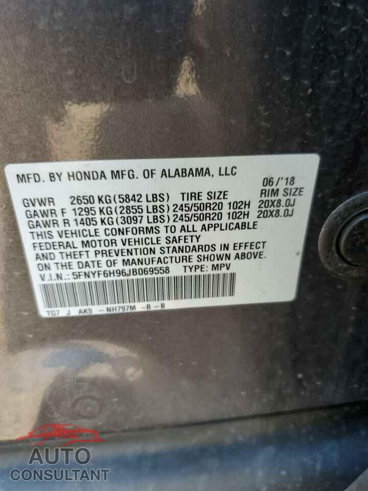 HONDA PILOT 2018 - 5FNYF6H96JB069558