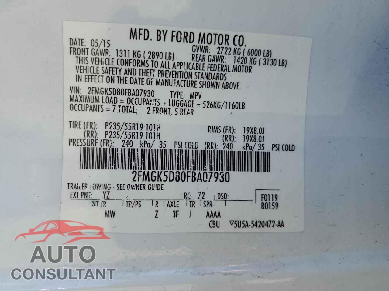 FORD FLEX 2015 - 2FMGK5D80FBA07930